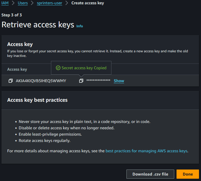 AWS Console access key copy