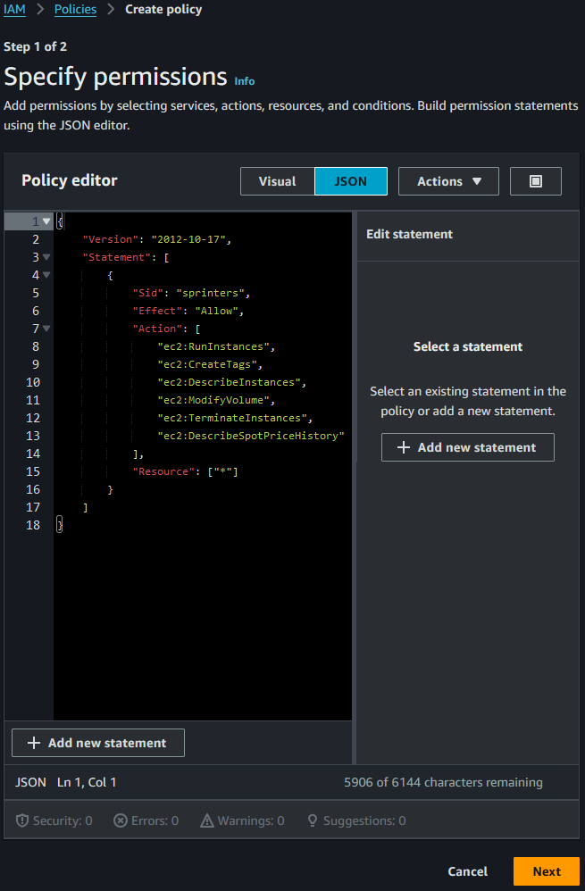 AWS Console JSON policy editor