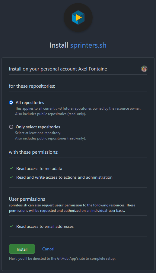 Sprinters GitHub App permissions